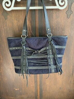 Navy Studded Soft w/ Black Fringe & Trim Conceal Carry Tote Bag